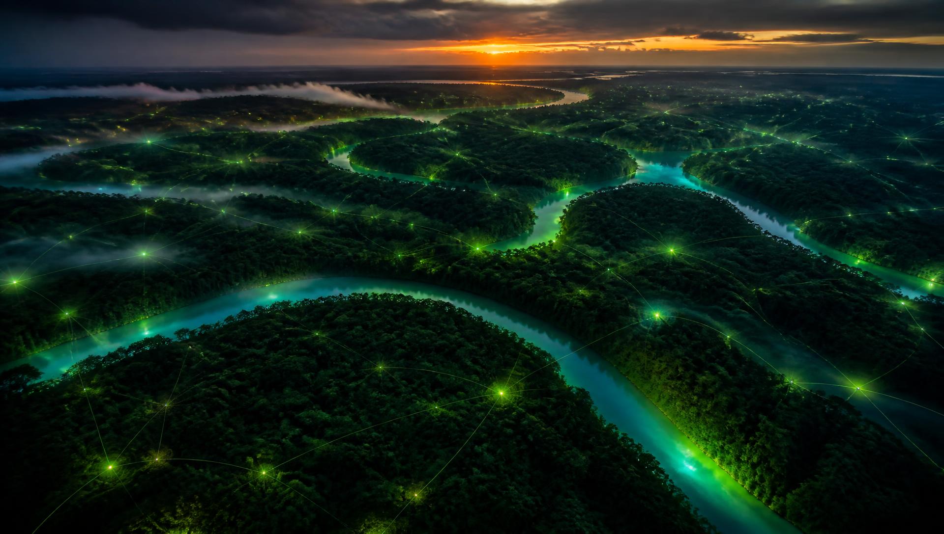 Vista aérea de un territorio amazónico atravesado por ríos y corrientes luminosas de datos